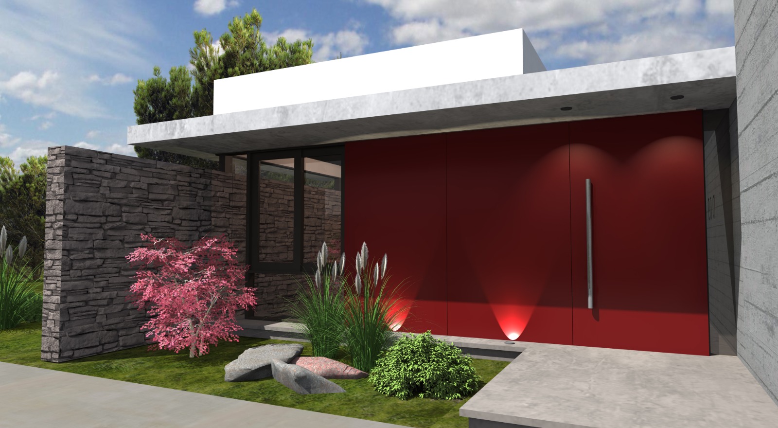 Ingreso principal con detalle en piedra y puerta roja